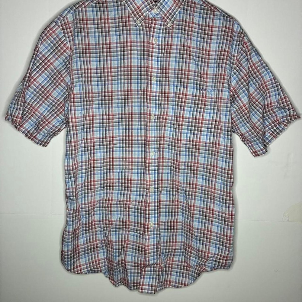 Round Tree & York Mens Red, blue, and white plaid button-up shirt